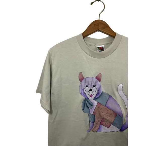 Cat T-shirt Beige Grandmacore Y2K Patchwork Medium Cat Lady Painted Tracey - Picture 4 of 6